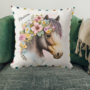Almofada Nome Personalizado de Cavalo Floral de Cores Aquát