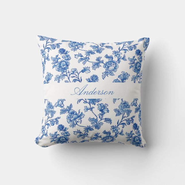 Almofada Nome Personalizado de Chinoiserie Azul e Branco (Frente)