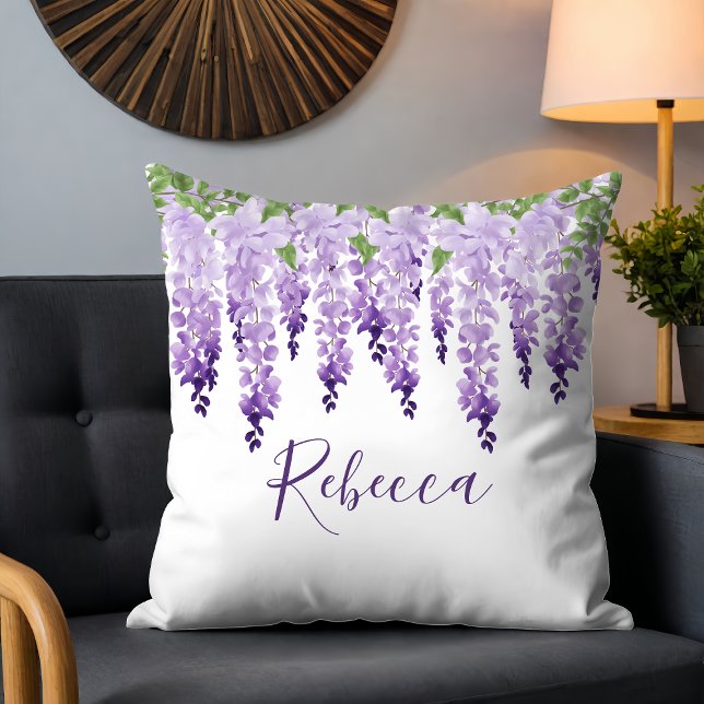 Almofada Nome Personalizado de Wisteria de Aquarela (Criador carregado)