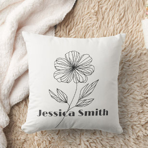 Almofada Nome personalizado Desenho da Linha de Flor Minima