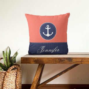 Almofada Nome Personalizado Design de Âncora Náutica Azul d