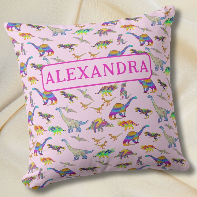 Almofada Nome Personalizado do Dinossauro Colorido (Cute dinosaur personalized name pink pillow colorful dino pattern bedroom home decor for girls)