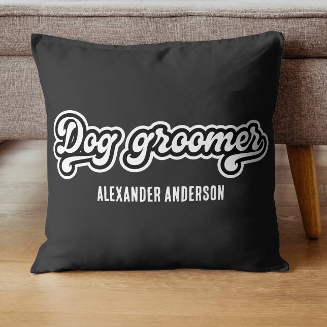 Almofada Nome personalizado do número mínimo preto e branco (Minimal Black and White Dog groomer Custom Name Throw Pillow)