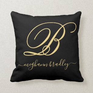 Almofada  Nome Personalizado Dourado Preto Elegante Monogra