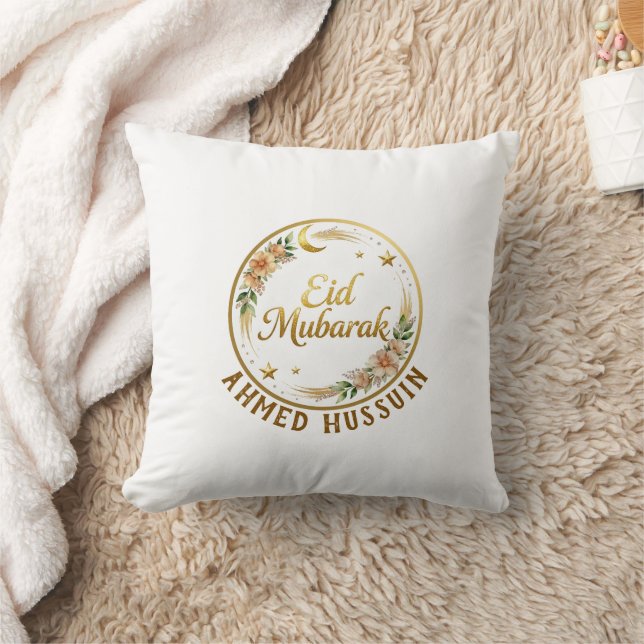 Almofada Nome Personalizado Eid Mubarak Floral Lua Dourada  (Cobertor)