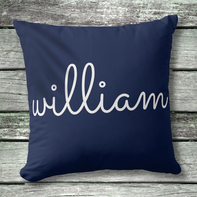 Almofada Nome personalizado em roteiro moderno azul-marinho (Personalized Modern Script Name Navy Blue Throw Pillow)