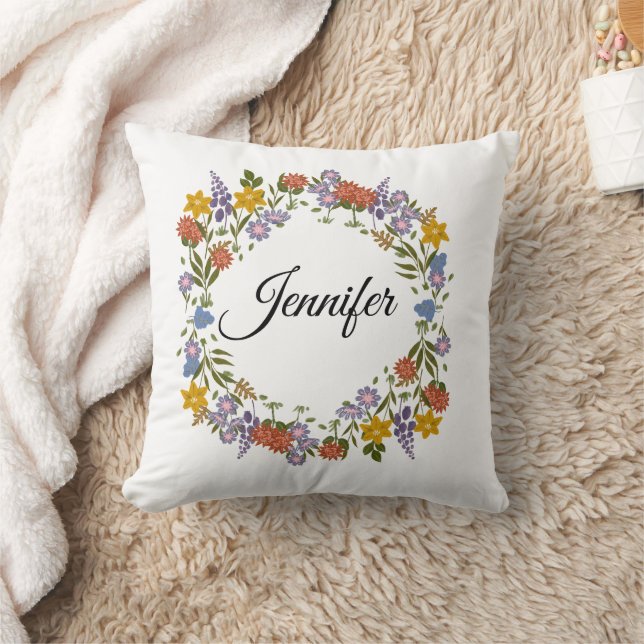 Almofada Nome Personalizado Flores Aquarela Floral  (Cobertor)