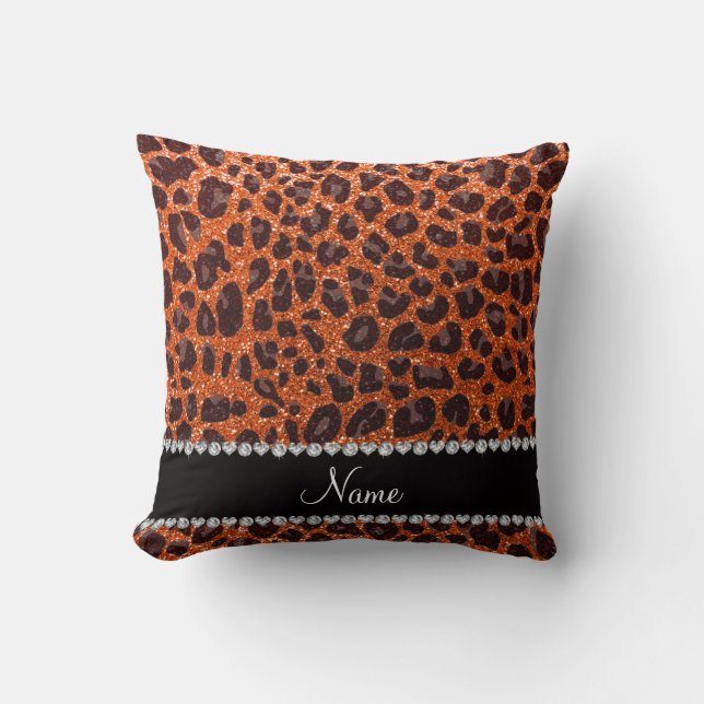 Almofada Nome personalizado glitter laranja impressão leopa (Frente)