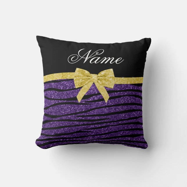 Almofada Nome personalizado glitter roxo zebra listra arco  (Frente)