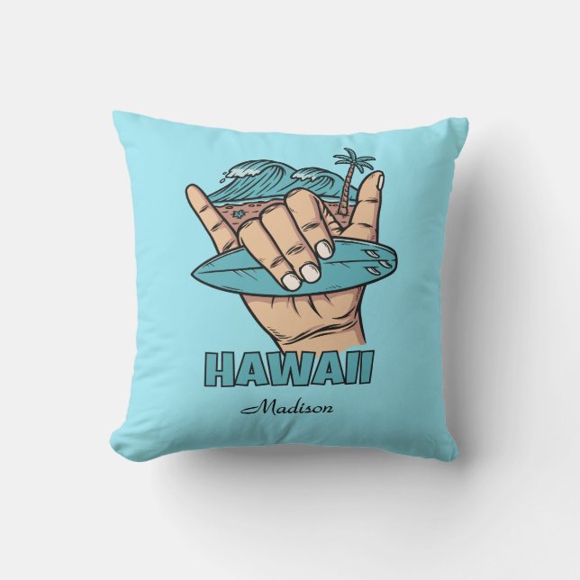 Almofada Nome Personalizado & Localização Surf Shaka (Frente)