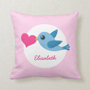 Almofada Nome personalizado pássaro de amor azul com cora