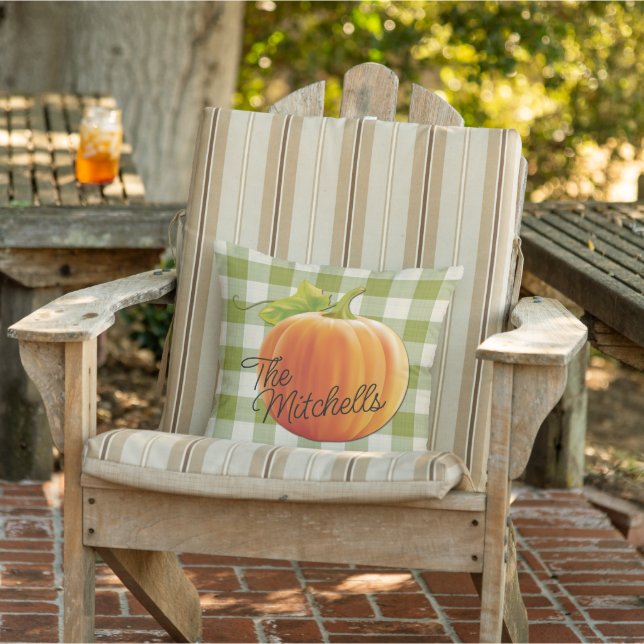 Almofada Nome Personalizado Pumpkin Autumn Green Gingham Pa (Cadeira)
