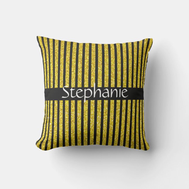 Almofada Nome Personalizado Stripes Glitter de Ouro Dourado (Frente)