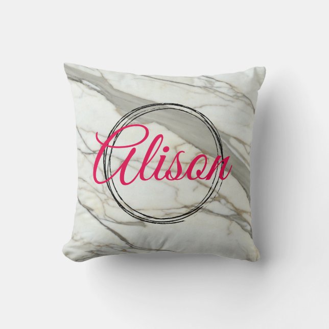 Almofada Nome personalizado Trendy White Marble Fuchsia (Frente)