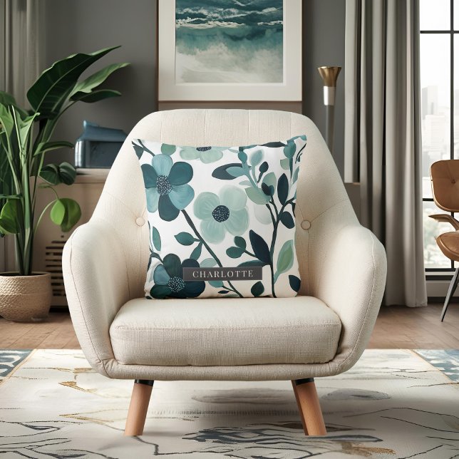 Almofada Nome Personalizado Vinhas Florais De Azul Elegante (Criador carregado)