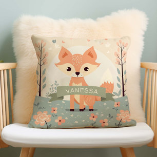 Almofada Nome Personalizado Woodland Fox, Baby Girl Nursery