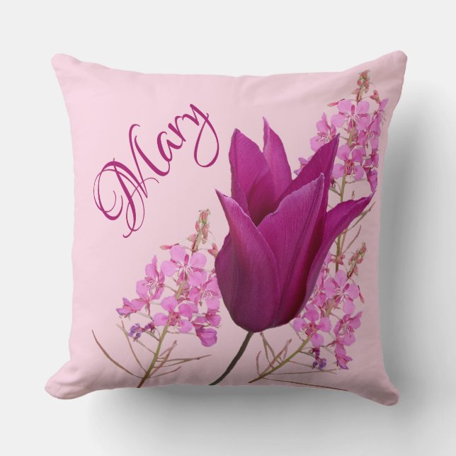 Almofada Nome personalizável Mary pink tulip boho floral fo (Frente)