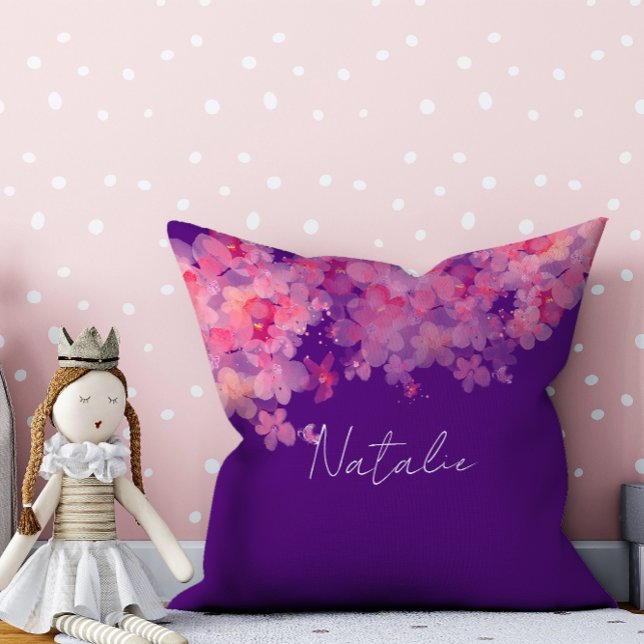 Almofada Nome púrpura de coral floral de aquarela (Criador carregado)