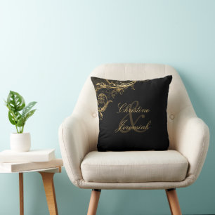 Almofada Nomes de casamento em dama de Floral Dourado Preto