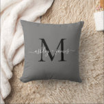 Almofada Nomes Monograma Personalizados Casamento<br><div class="desc">Almofada chic com monograma personalizado com seus nomes e monograma em caligrafia manuscrita elegante branca e tipografia moderna preta em um fundo cinza escuro. Basta adicionar seus nomes e monograma. Exclusivamente projetado para você pelo Happy Dolphin Studio. Se precisar de ajuda ou produtos correspondentes, entre em contato conosco através do...</div>
