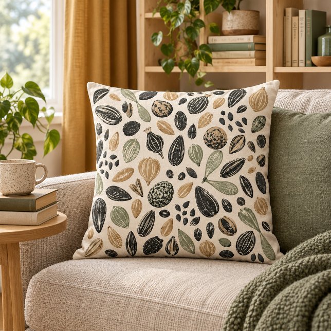 Almofada Nordica Sementes (16 inch cotton throw pillow. Same flat printed design both sides. Styled scene; props not included.)