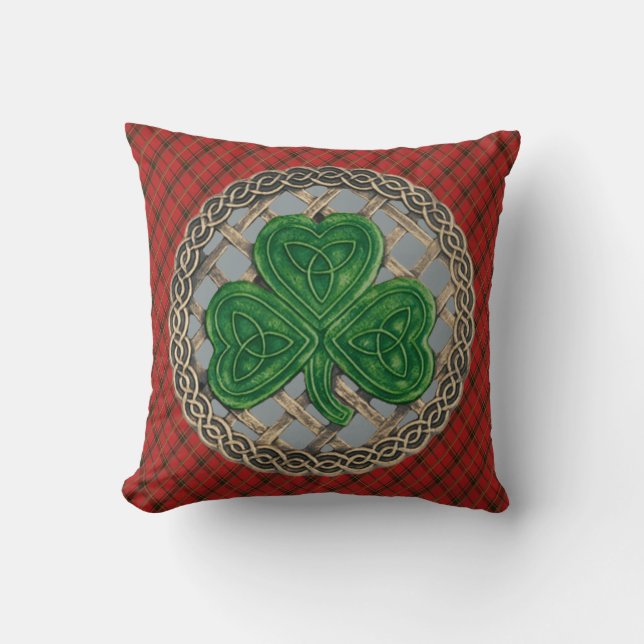 Almofada Nós Celta Cinza Shamrock em Xadrez Vermelho (Frente)