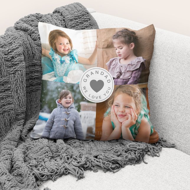 Almofada Nós Te Amo Avô / Colagem de Fotos 4 Cute (Cute custom photo collage "Grandad We Love You" throw pillow.)