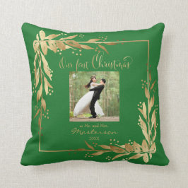 Almofada Nossa Primeira Foto de Natal Dourada Wreath em Ver