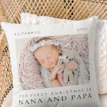 Almofada Nosso Primeiro Natal como Nova e Papa Moderno<br><div class="desc">Design é composto por tipografia quic moderna com sans serif e serif font. Adicione uma foto personalizada de bebê e ano.</div>