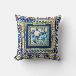 Almofada Nota de monograma elegante de azulejo azul floral