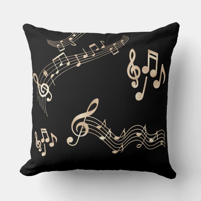 Almofada Notas Musicais Douradas em Preto Médio (Frente)