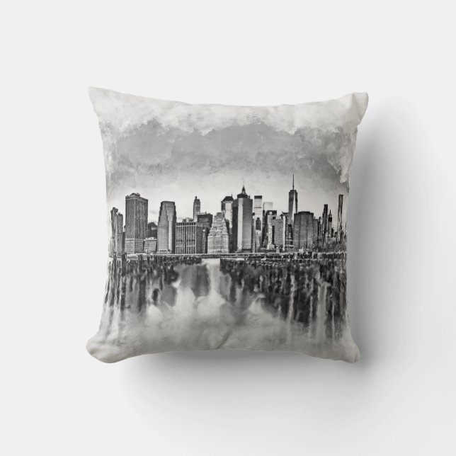 Almofada Nova Iorque Manhattan Skyline - preto e branco (Frente)