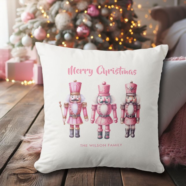Almofada Nozes-de-Natal rosa - Decoração Personalizada (pink christmas decor nutcrackers watercolor personalized throw pillow)