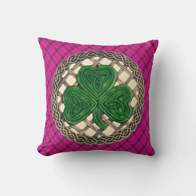 Almofada Números Celtais De Shamrock Beige Na Xadrez Rosa (Frente)