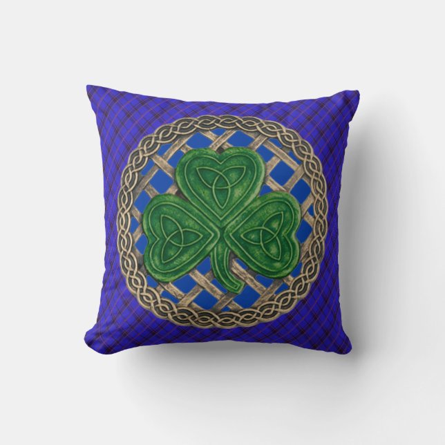 Almofada Números Célticos De Shamrock Azul Na Xadrez Azul (Frente)