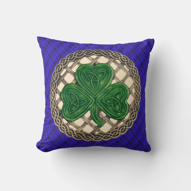 Almofada Números Célticos Do Shamrock Beige Na Xadrez Azul (Frente)