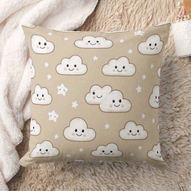 Almofada Nuvens e Estrelas Sorridentes Kawaii em Bege (Cobertor)