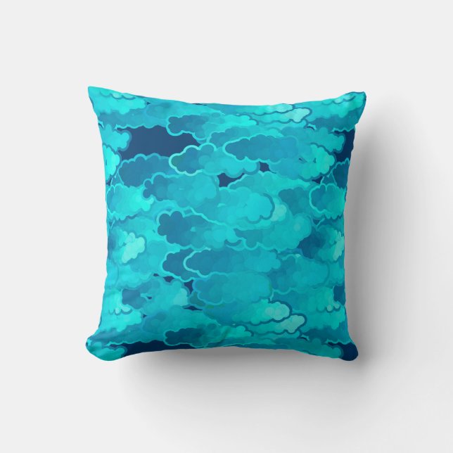 Almofada Nuvens japonesas, céu noturno, turquesa e índio (Frente)