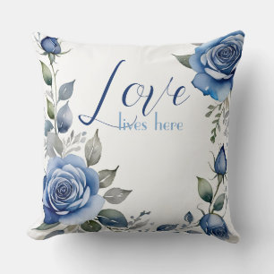 Almofada O amor vive aqui - rosas azuis