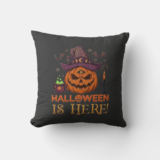 Almofada O Halloween Chegou Abóbora Chapéu de Bruxa Caldeir (Frente)