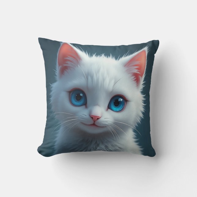 Almofada O sorriso de um gato branco com olhos azuis (Frente)