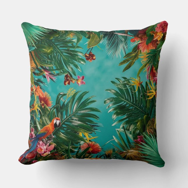 Almofada Oásis Tropical: Folhas de Palma e Travesseiro de P (Frente)