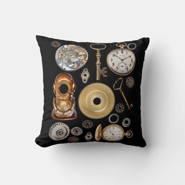 Almofada Objetos Steampunk Gears Pocket Watch Skeletch Key (Frente)