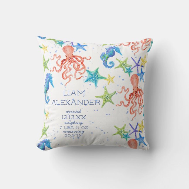 Almofada Ocean Beach Octopus Seacavalo Boy Nascimento Stat (Frente)