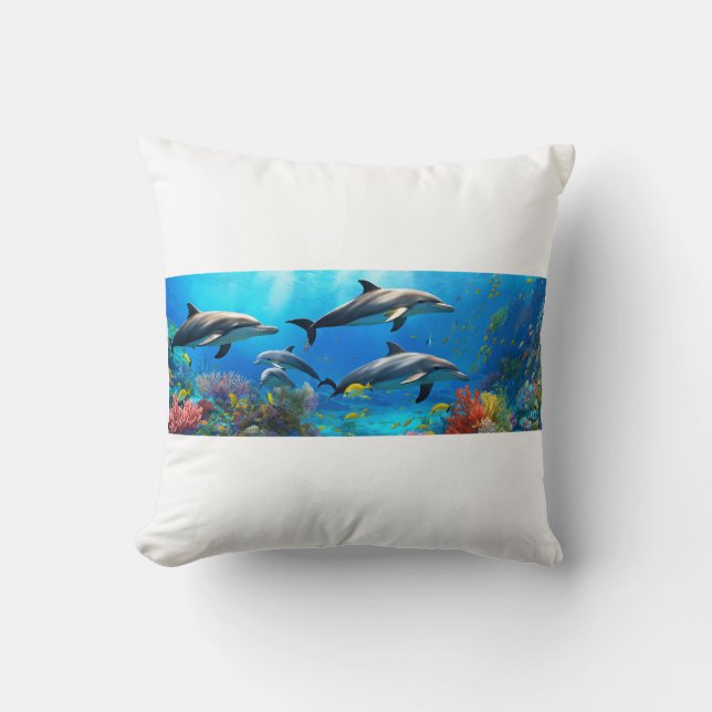 Almofada Ocean Harmony: Golfinhos Sobre Recifes De Coral (Frente)
