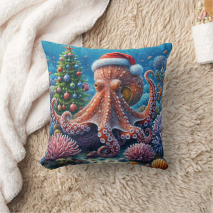 Almofada Octopus de Natal Vestindo um Chapéu Santa