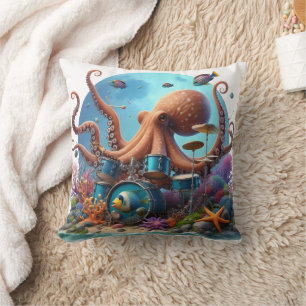 Almofada Octopus Drumming Com Peixes Coloridos