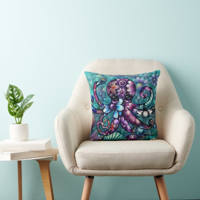 Almofada Octopus Floral Teal Roxo Azul Costeira (Cadeira)