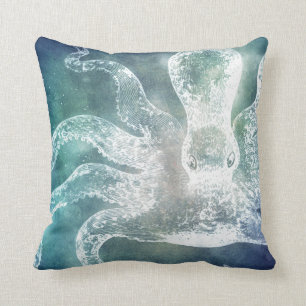 Almofada Octopus Meia-Noite Azul Tear Aquarela Vintage Art