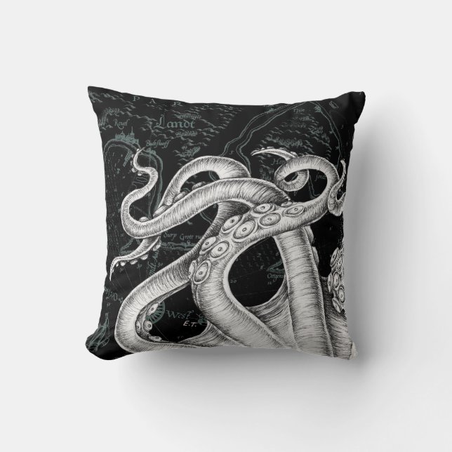 Almofada Octopus Tentacle Vintage Map Preto (Frente)
